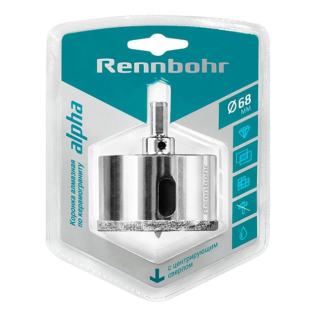 Коронка алмазная Rennbohr 676268 с центрирующим сверлом по керамограниту и керамике 68 мм Коронка алмазная Rennbohr 676268 с центрирующим сверлом по керамограниту и керамике 68 мм