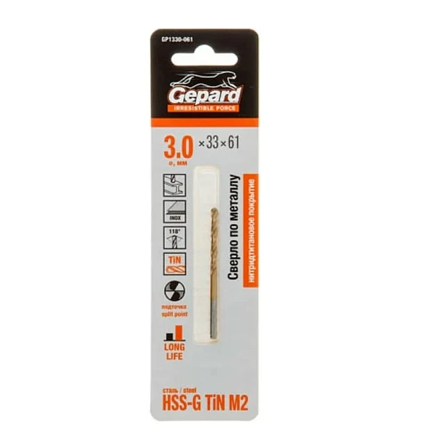 Сверло по металлу Gepard GP1330-061 3*33*61 мм нитридтитановое покрытие Сверло по металлу Gepard GP1330-061 3*33*61 мм нитридтитановое покрытие