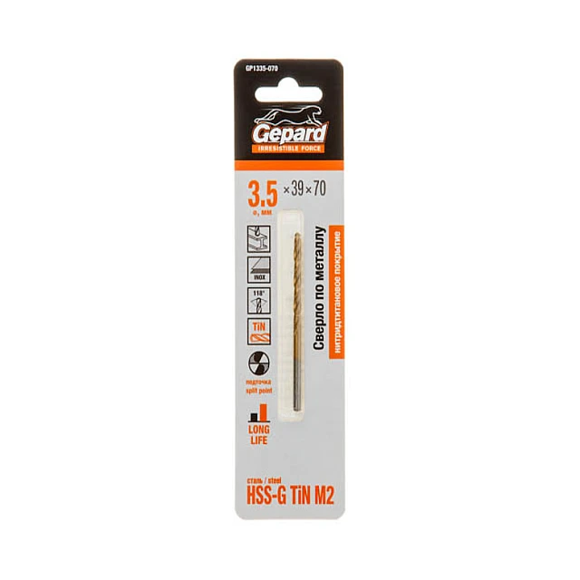Сверло по металлу Gepard GP1335-070 3,5*39*70 мм HSS TIN Сверло по металлу Gepard GP1335-070 3,5*39*70 мм HSS TIN