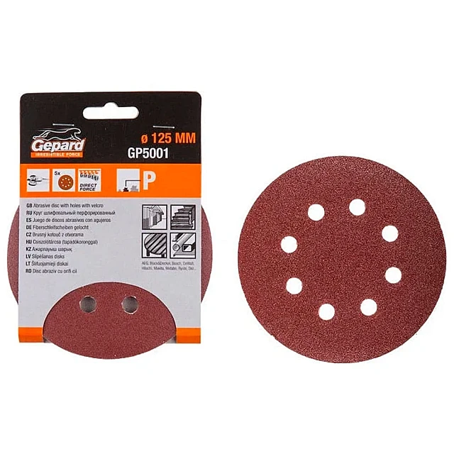 Шлифлист Gepard GP5001-60 125 мм круг Р60 для дерева 8 отверстий 5 шт Шлифлист Gepard GP5001-60 125 мм круг Р60 для дерева 8 отверстий 5 шт