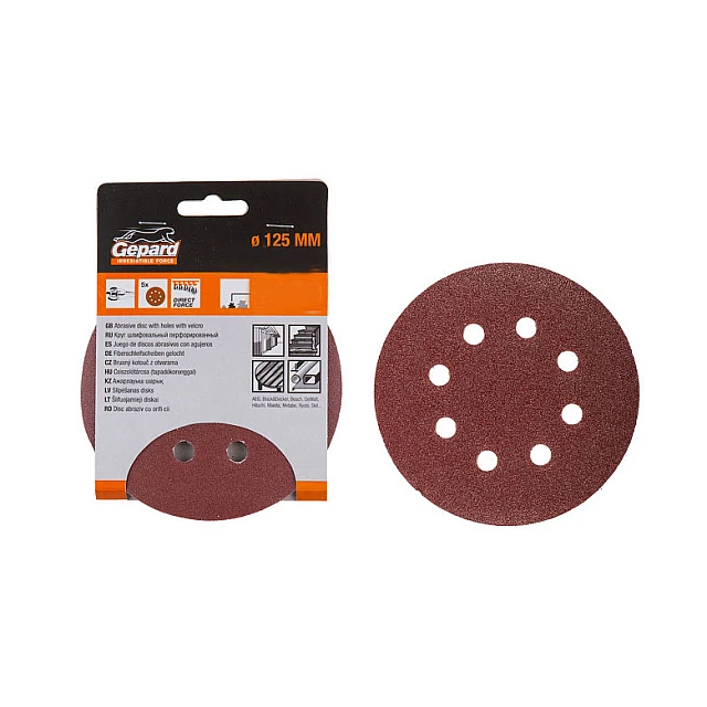 Шлифлист Gepard GP5001-320 125 мм круг Р320 для дерева 8 отверстий 5 шт Шлифлист Gepard GP5001-320 125 мм круг Р320 для дерева 8 отверстий 5 шт